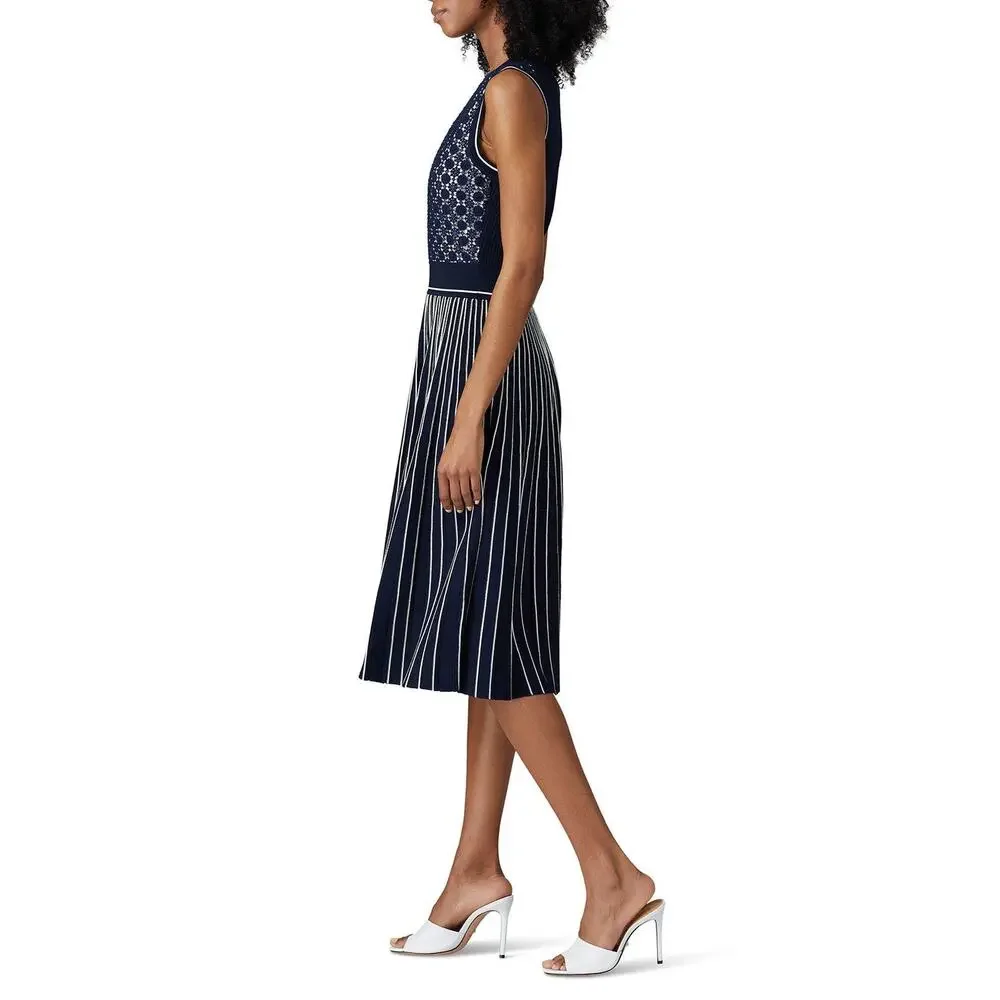 Tory Burch Navy Blue Sleeveless Pleated Knit Crewneck Midi Sweater Dress Size XS
